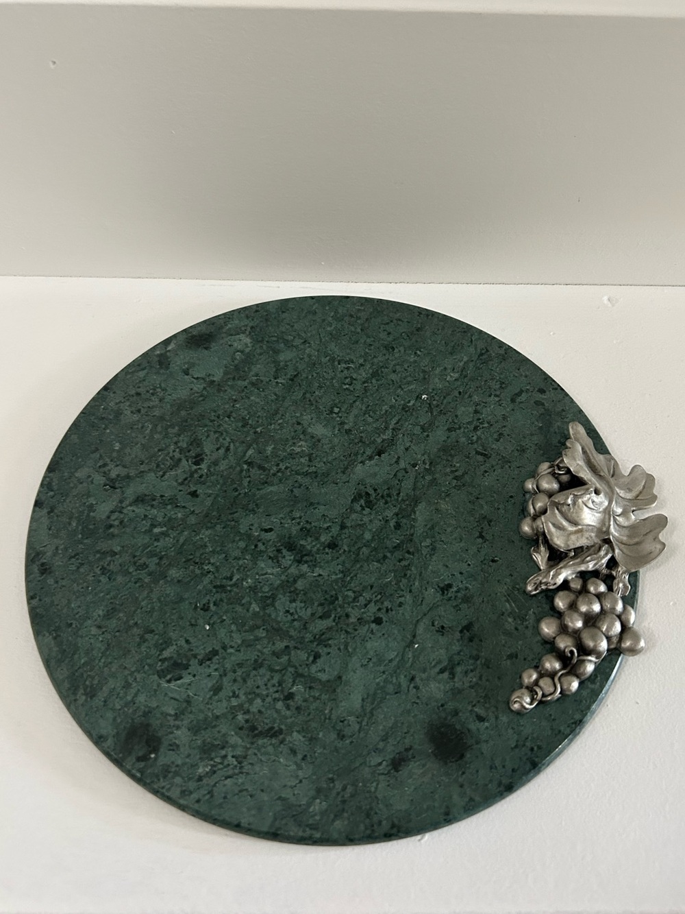Vintage Green Marble Round Serving Cheese Board with Silver Grape Accent